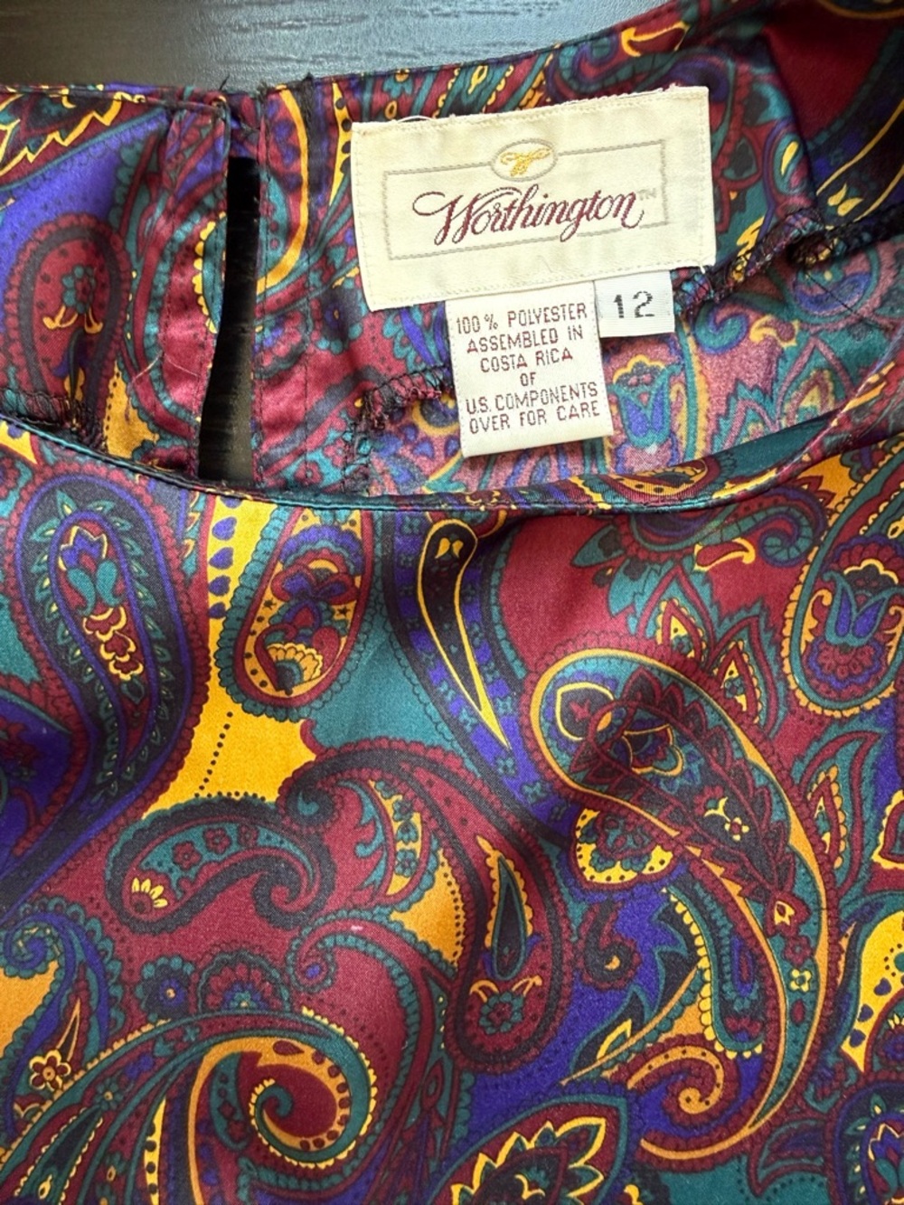 Vintage 90s Paisley Satin Blouse Jewel Tone Worthington Top Size 12 Retro - Picture 9 of 10